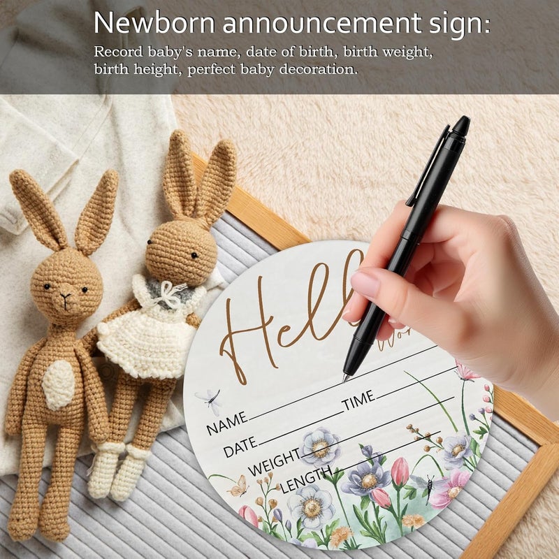 CLHHM Hello World Butterfly Theme Baby Name Sign Birth Announcement Plaque with Name Date Weight 6" Round Birch Wood Nursery Decor Newborn Hospital Keepsake Gift for Parents - Image 4